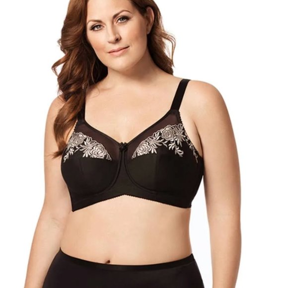New Elila Full Figure Embroidered Microfiber Wire-Free Bra Black & Sliver 1301 - Picture 2 of 4